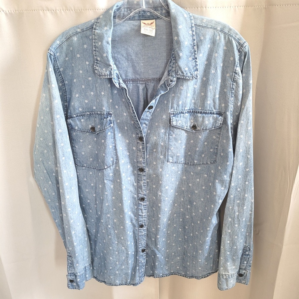 Western Women Button Up XXL Polka Dot Denim Chambray Everyday Casual Rural 21837